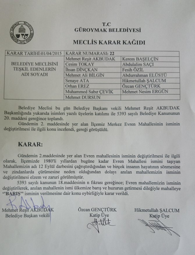 "Evren" Mahallesi'nin Adı "Barış" Olacak