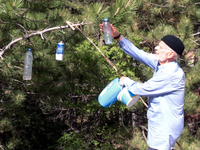 Çevre kirliliğini ağaçlara astığı çöplerle anlatıyor
