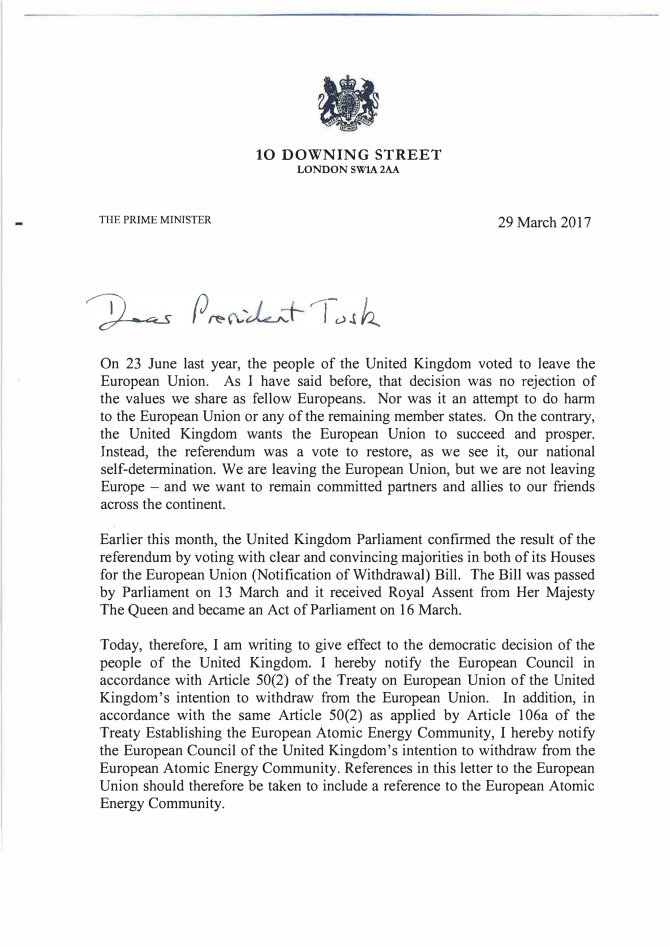May'in Brexit sürecini başlatan mektubu yayımlandı