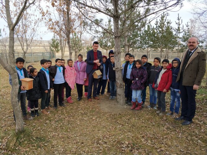 Okul bahçesine kuş yuvaları yerleştirdiler