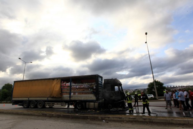 Seyir halindeyken alev alan tır kullanılamaz hale geldi
