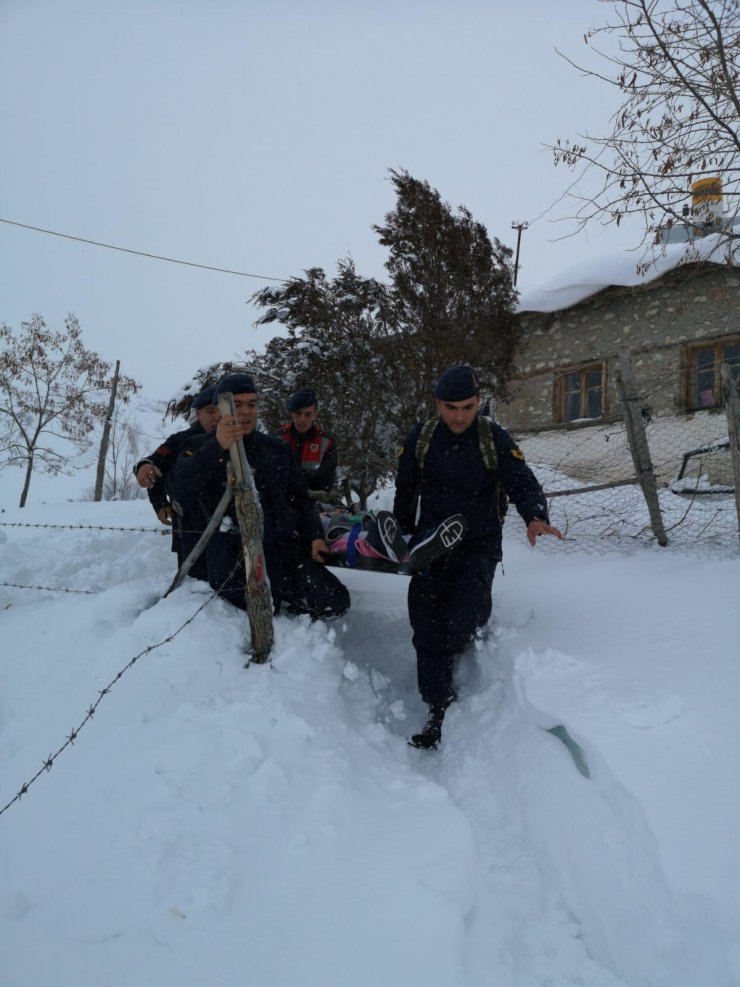 Jandarma ekipleri yolu kapanan mezradaki hastayı 2 kilometre taşıyarak ambulansa ulaştırdı