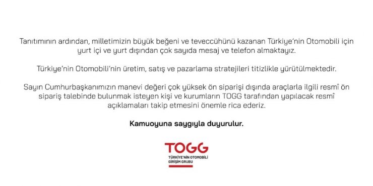 TOGG’dan ön sipariş açıklaması
