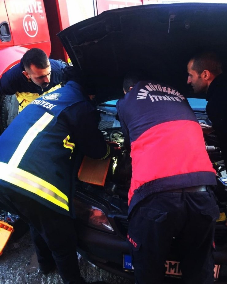 Otomobilin motor kısmına sıkışan kediyi itfaiye kurtardı
