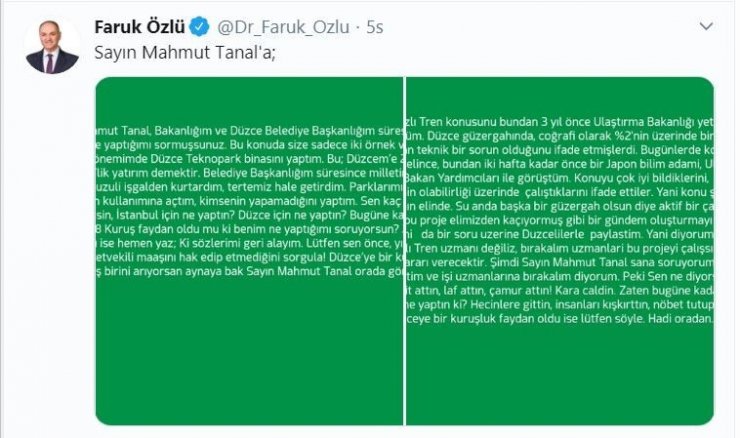 Başkan Özlü’den Tanal’a cevap sosyal medya hesabından geldi