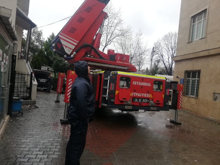 Cami kubbesine müdahale etmeye çalışan itfaiyecilerin zor anları kamerada