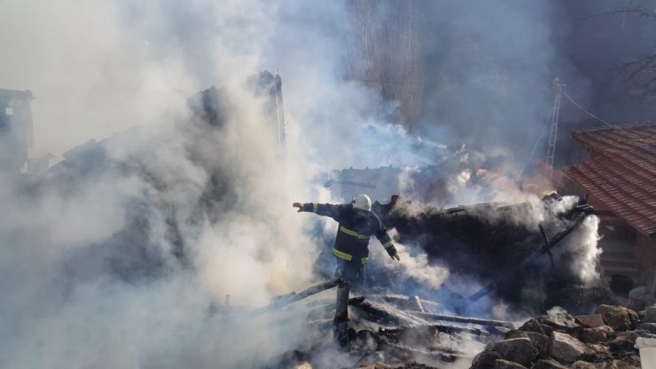 Köyde çıkan yangına kadınlar kovalarla su taşıyarak müdahale etti
