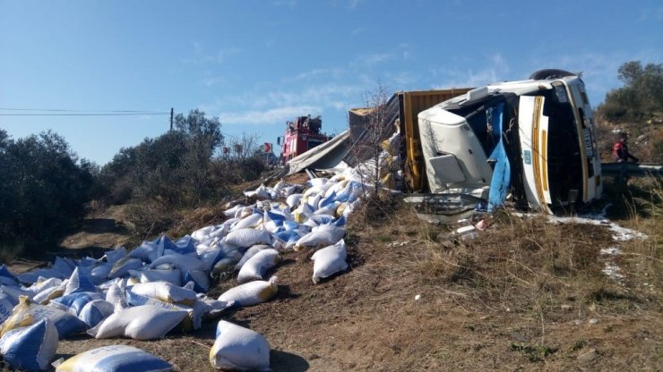 Çanakkale’de yem yüklü kamyon devrildi: 1 yaralı