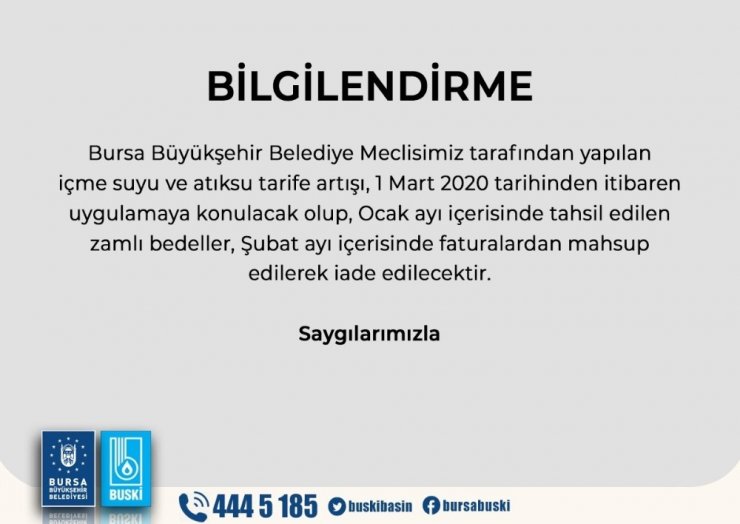 BUSKİ ocak zammını iade ediyor