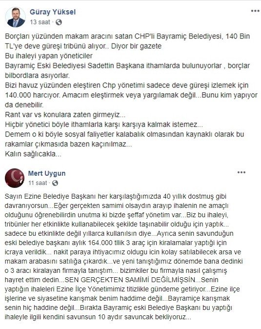 Ezine ve Bayramiç belediye başkanları sosyal medyada birbirine girdi