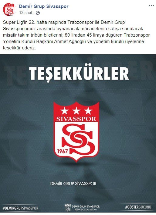 Sivasspor’dan Trabzonspor’a teşekkür