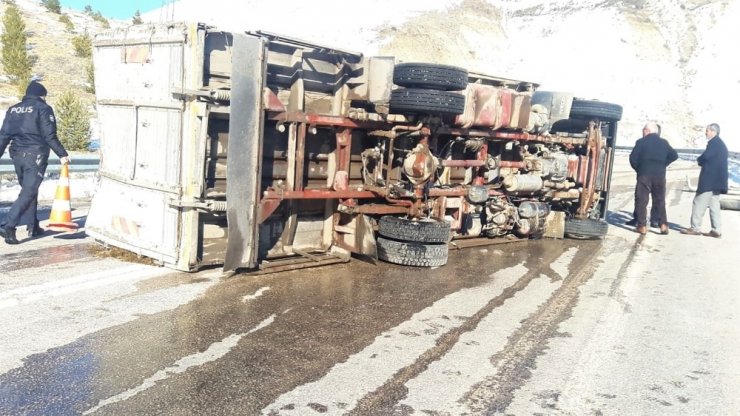 Büyükbaş hayvan yüklü kamyon devrildi: 1 yaralı